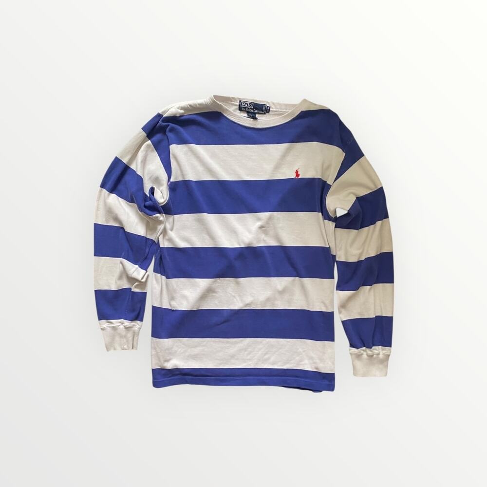 Vintage 1990s Polo by Ralph Lauren Mens Blue & White Striped Long-Sleeve Rugby